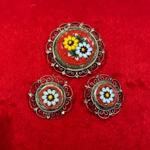 VTG Micro Mosaic Italy RED Glass Bead Flower EARRINGS BROOCH SET - Picture 6 of 8